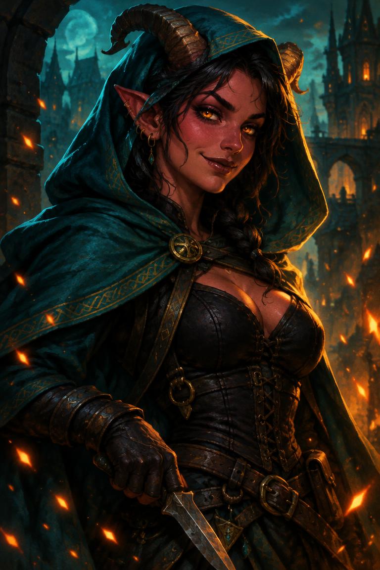 Horned hooded rogue card art with ember sparks