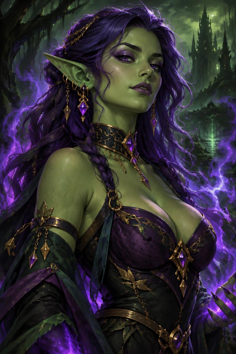 Dark fantasy sorceress card art in Town of Sins' painted collectible style