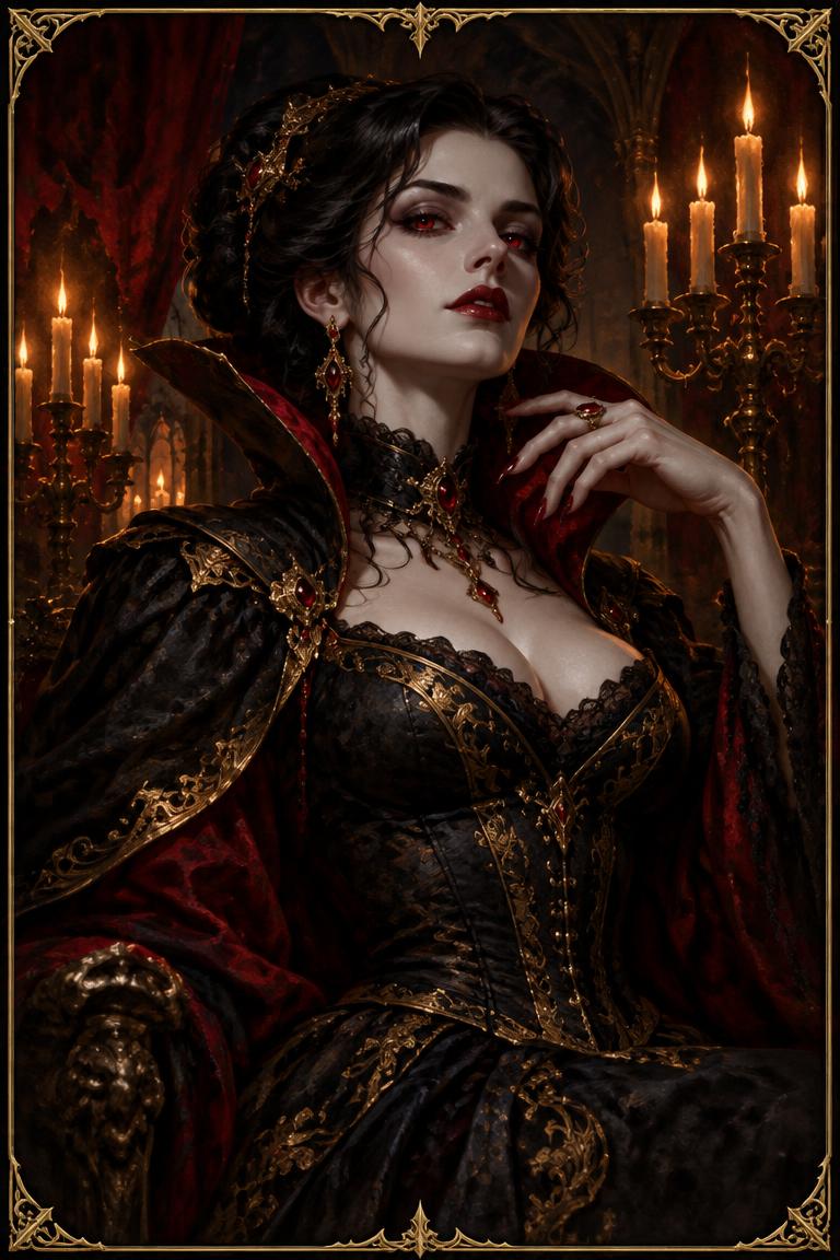 Gothic vampire noblewoman card art with candlelit manor backdrop